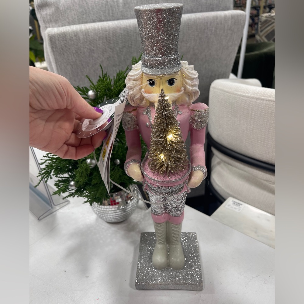 Pink Christmas Nutcracker w/Lightup Tree Glitter Christmas Figure NWT